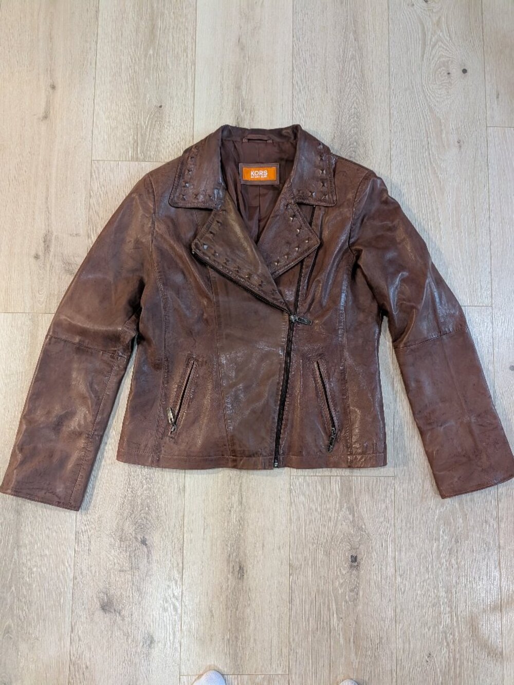 Michael Kors Brown Leather Moto Jacket Large